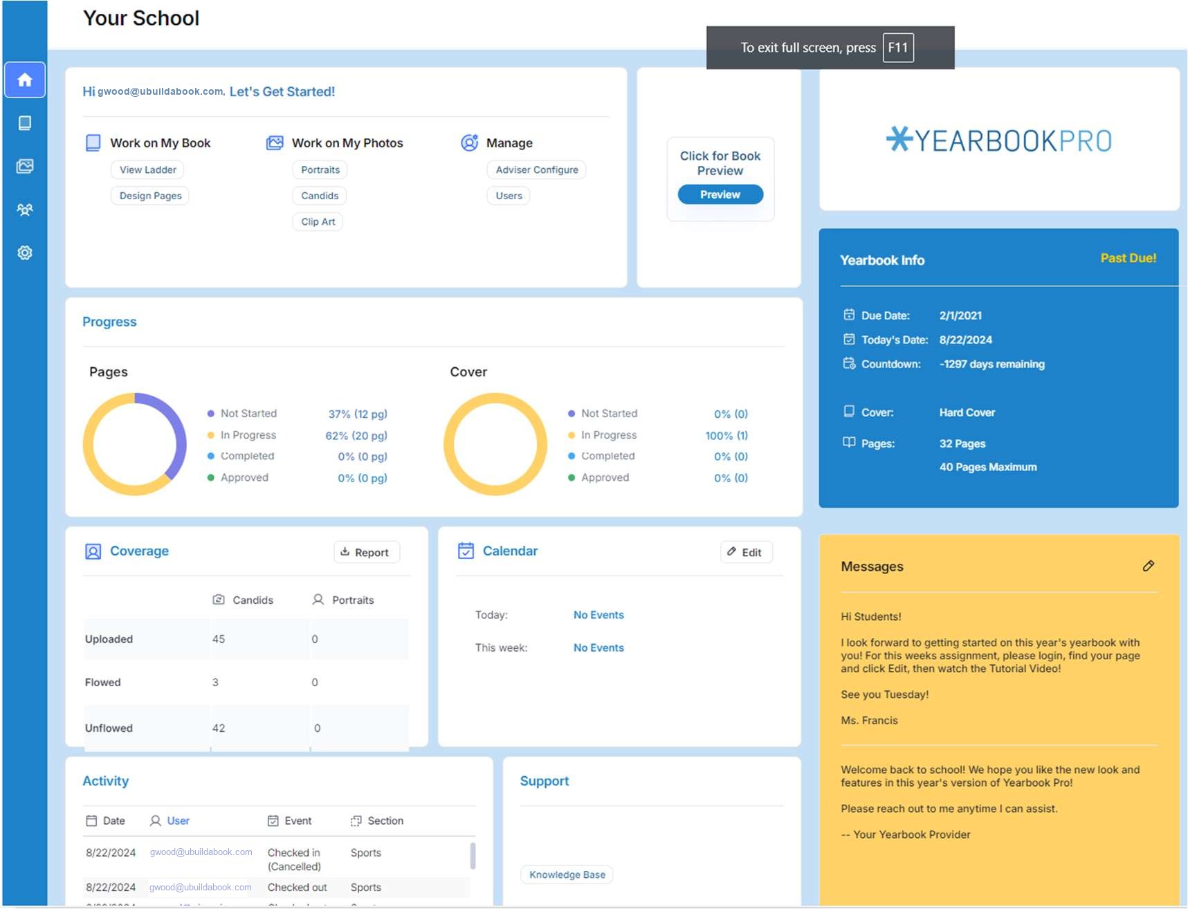 The Activity Page of the site provides access to all major features.