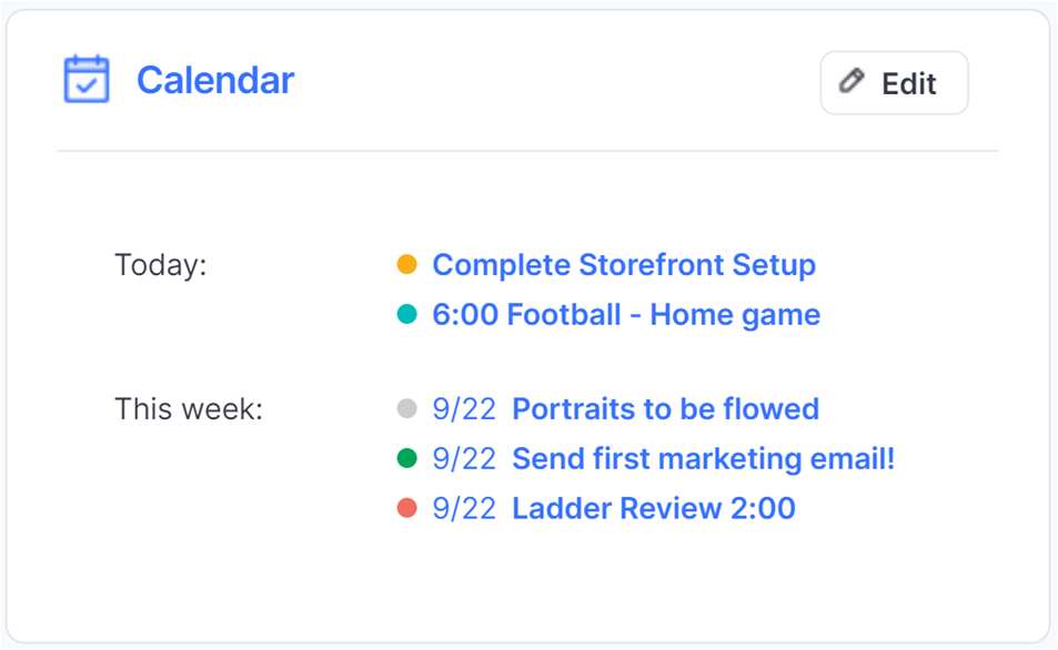The Calendar displays all the events for Today and This Week on the Activity Page.