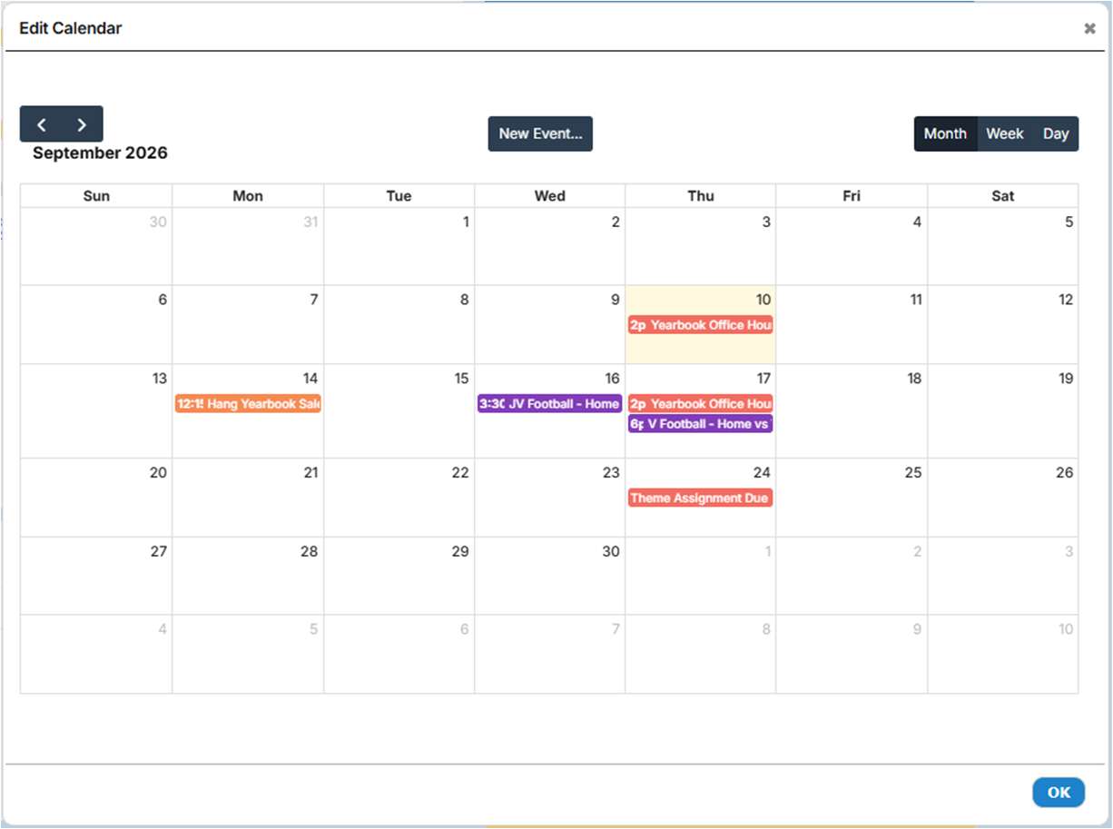The Yearbook Calendar on the Activity Page.