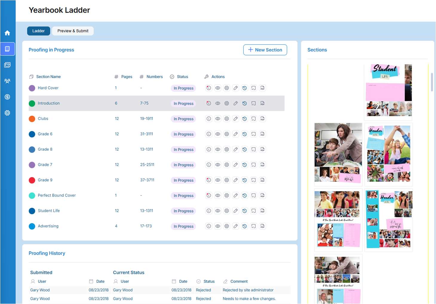 The Yearbook Ladder Page uses a Yearbook Planning Ladder for creating and managing your book.