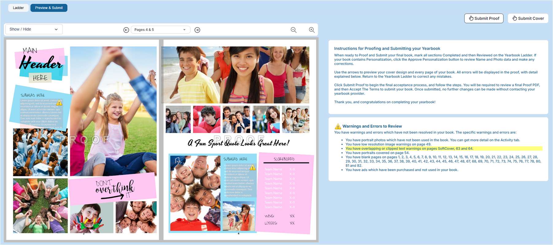 Viewing pages in the Ladder Preview, in preparation for final proofing.