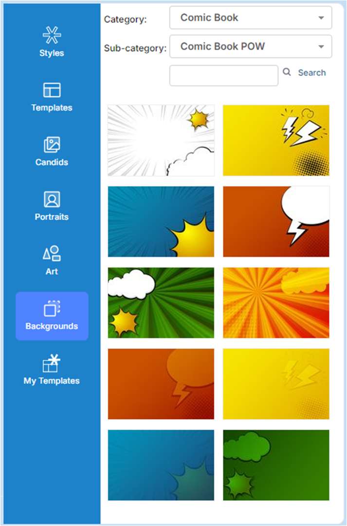 Browse and select backgrounds on the Backgrounds tab.