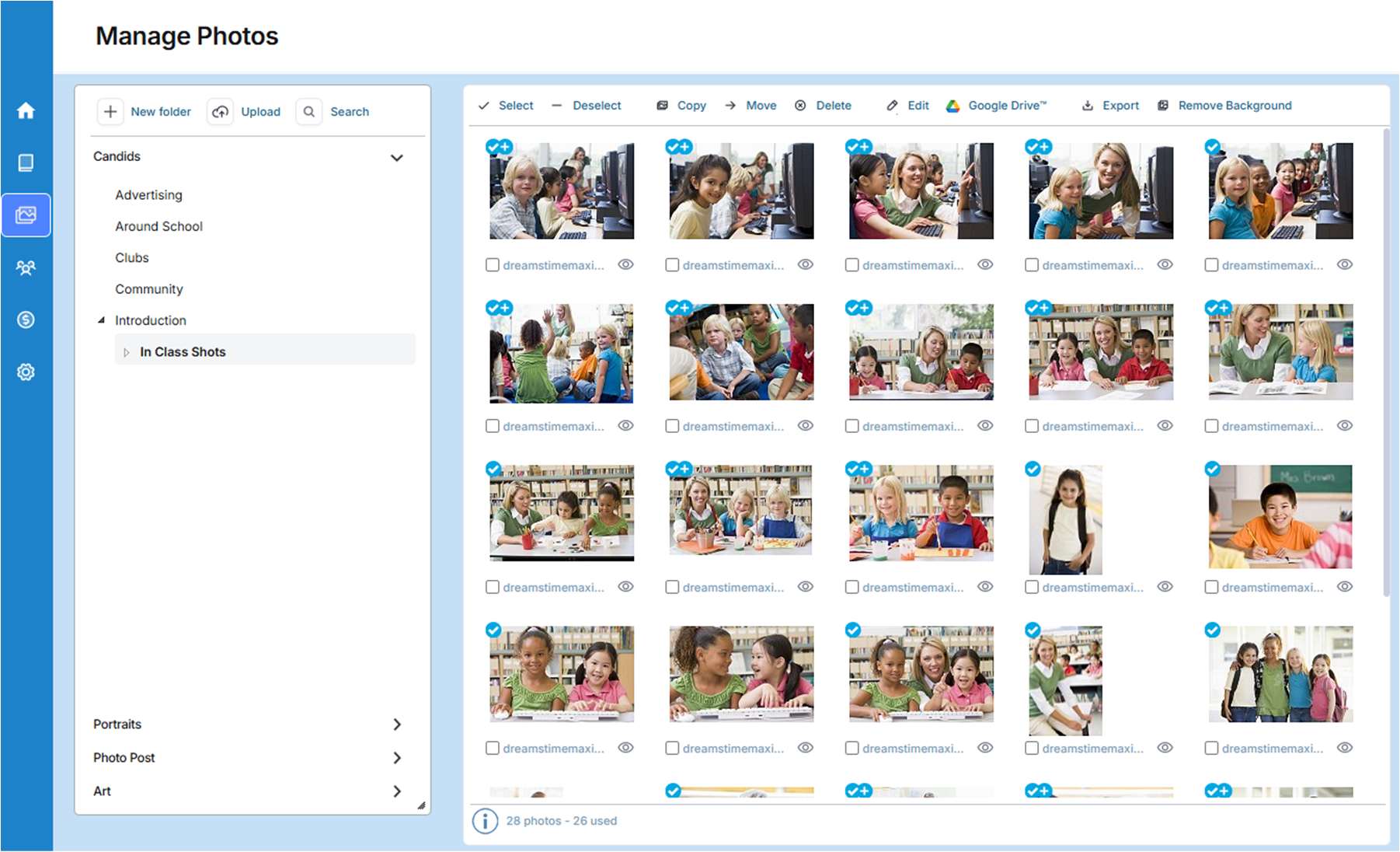 The Manage Photos page contains functionality for organizing and editing your photos and art objects.