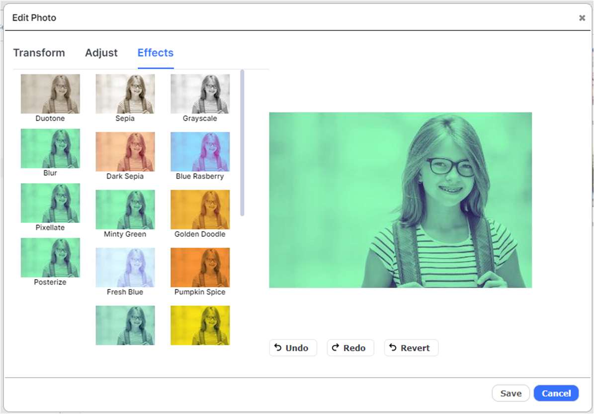 The Edit Photo dialog showing Duotone Effects.
