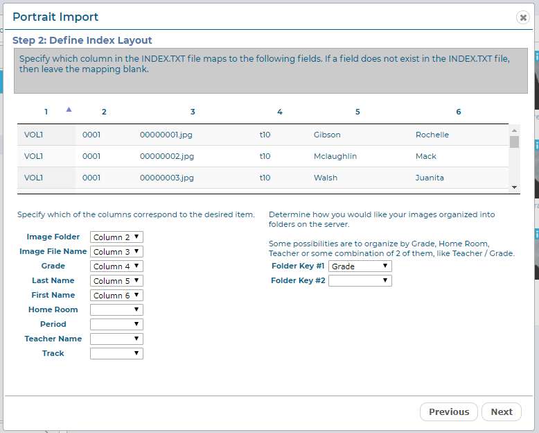 The Portrait Import dialog, Step 2, organizing contents of the index file.