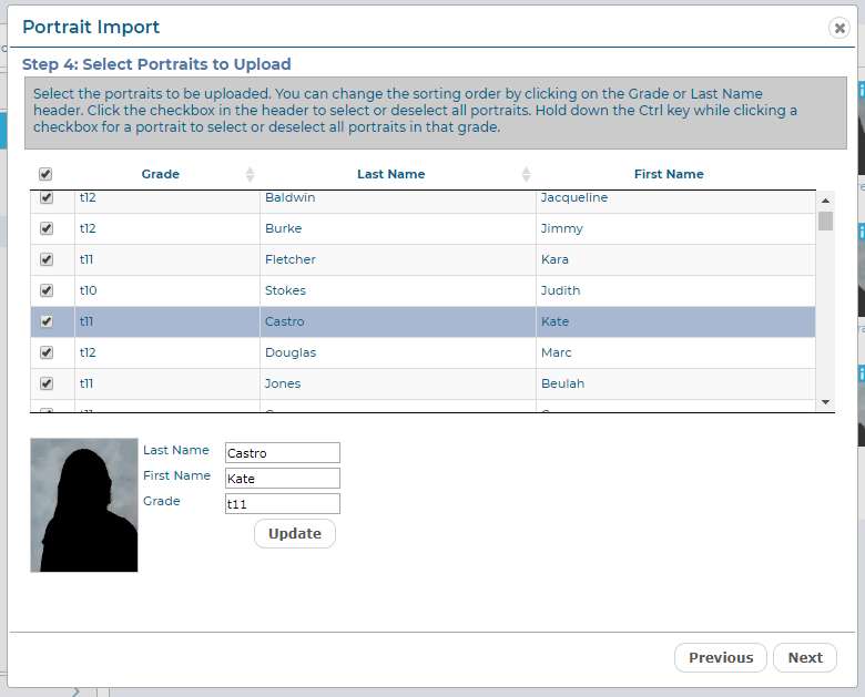 The Portrait Import dialog, Step 4, selecting portraits to upload.