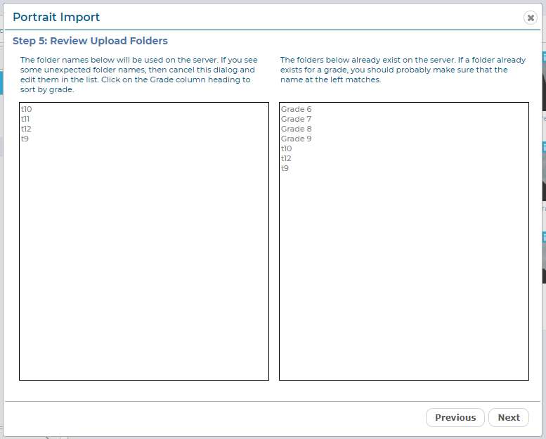 The Portrait Import dialog, Step 5, reviewing the portrait folders.