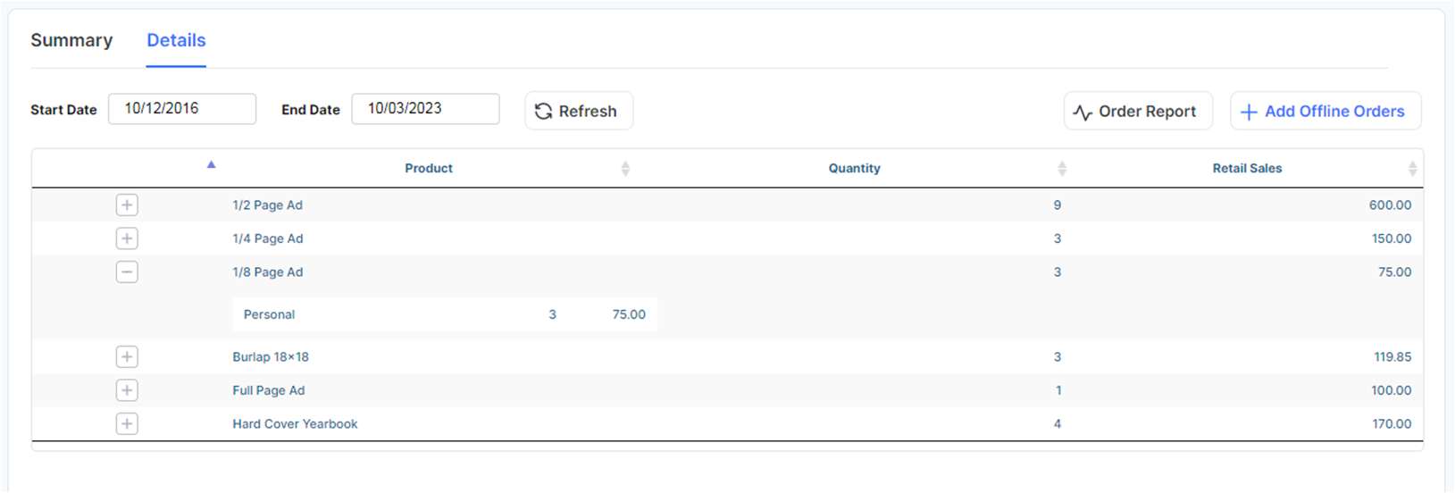 The Order Detail dialog will open, displaying the report.