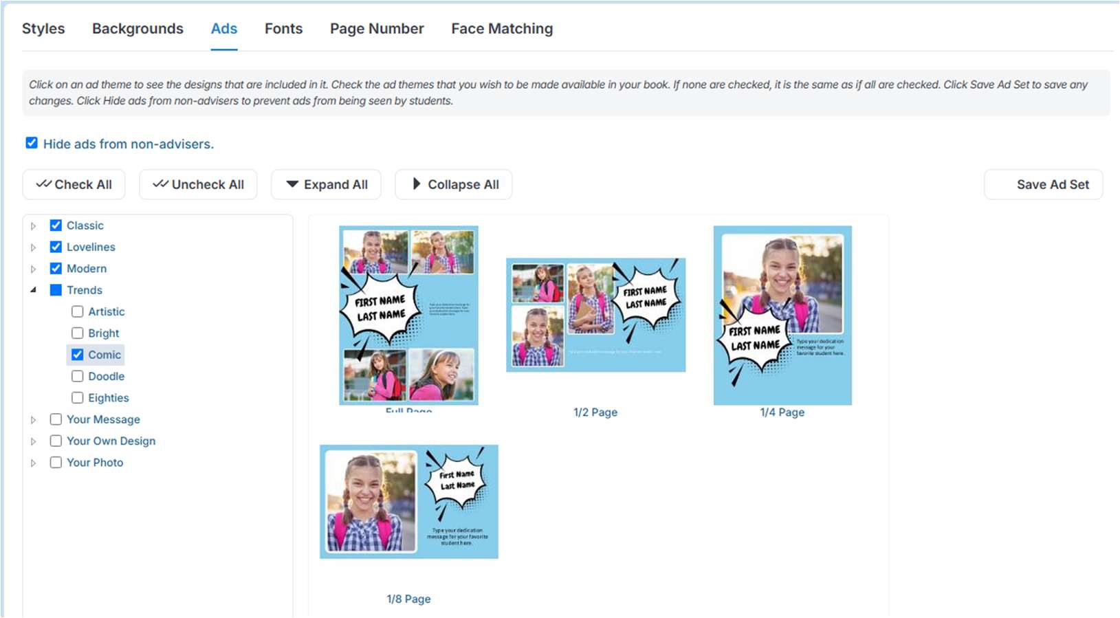 Selecting Ad designs on the Configure page.