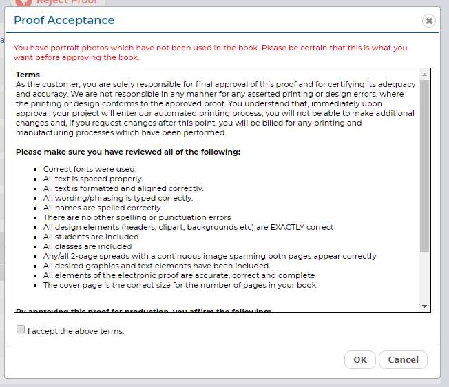 The Proof Acceptance dialog will appear.
